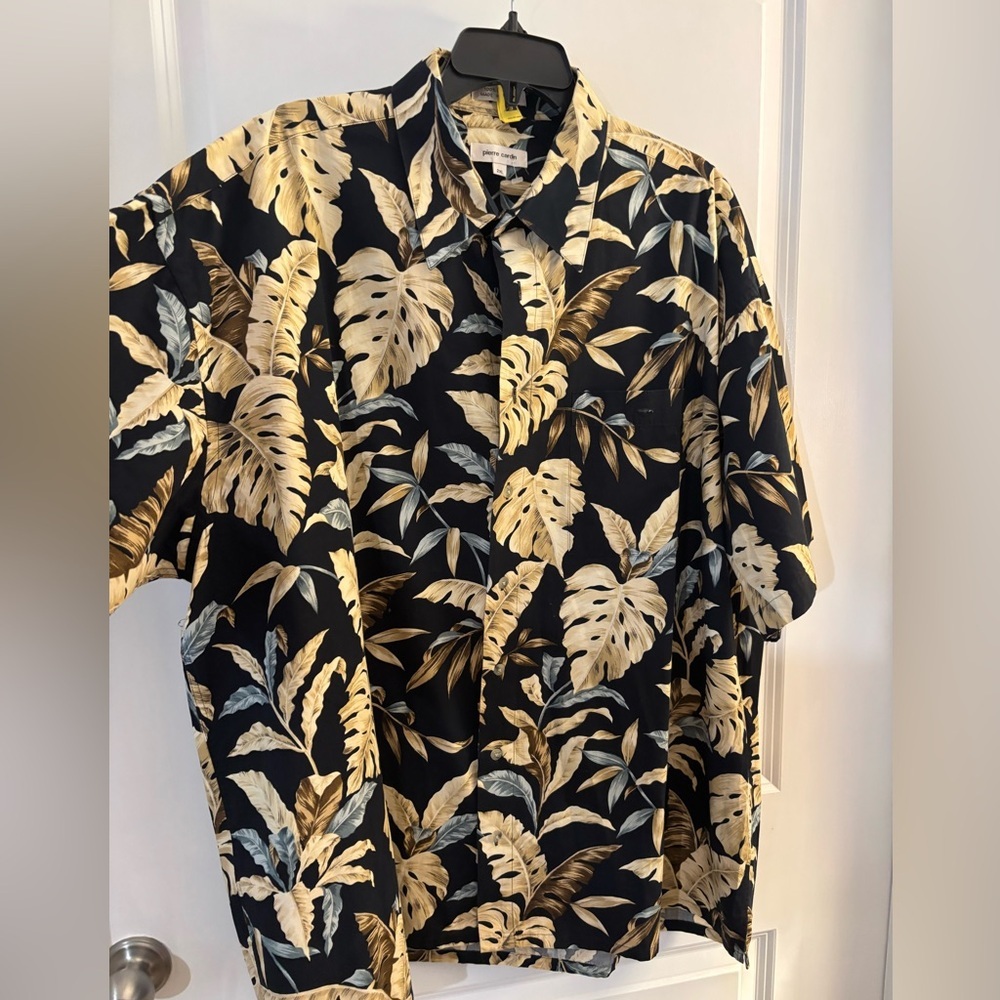 Men's Pierre Cardin Black Tropical Leaf Print/ Hawaiian Shirt Sz 2XL
